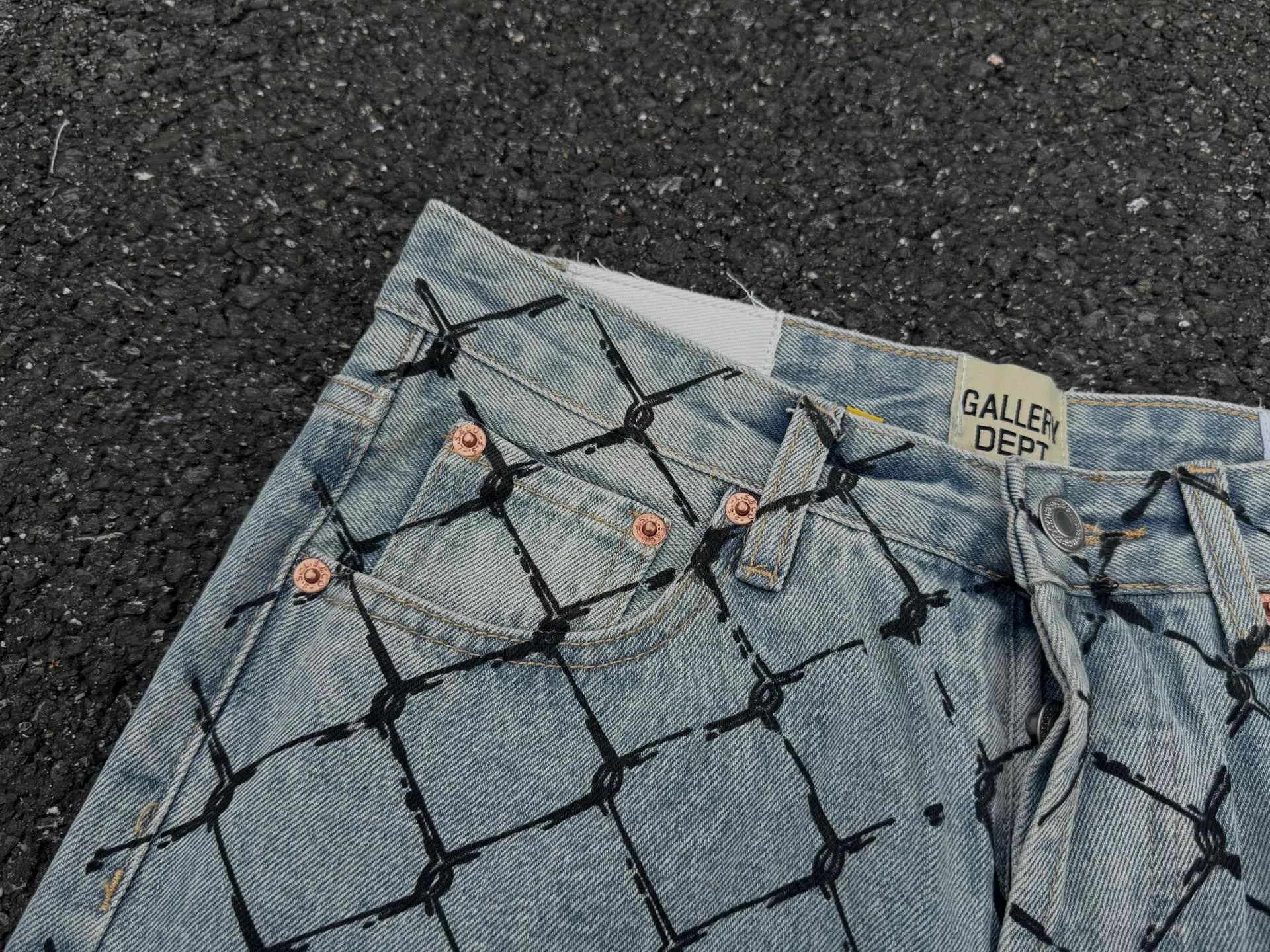 P240💰G786 GALLERY DEPT. Steel mesh letter printed slim jeans jeans casual group trendy American slim men's and women's trousers Color: blue Size: S-XXL (corresponding to 28-36)